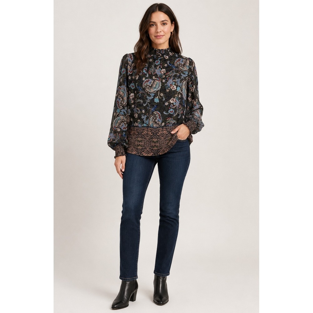 Fig and Flower Mock Neck Top Womens Large Brown Paisley Hippie Boho Forest Fairy